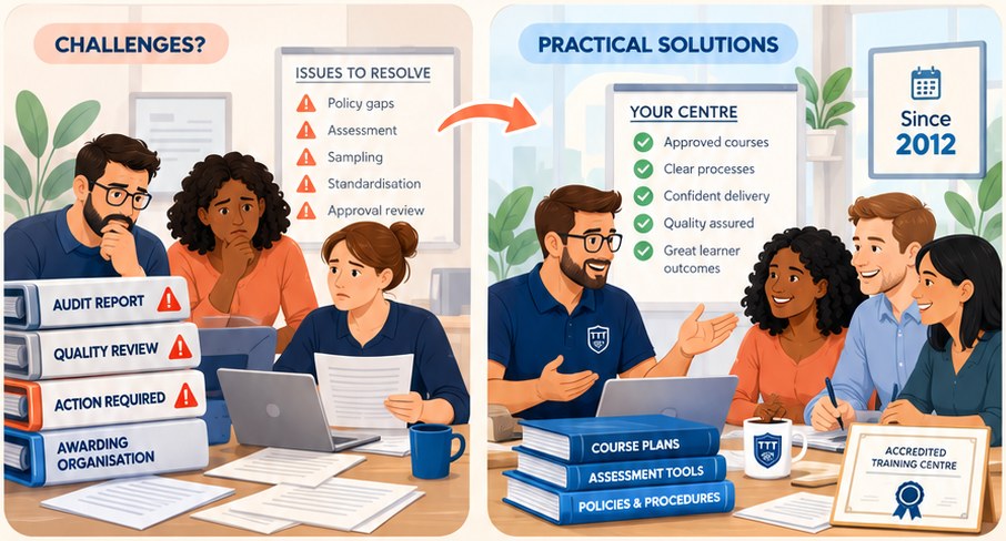 Before: a centre team worried about audit reports, quality reviews and action points. After: the same team with clear processes, quality assured and an accredited centre certificate.