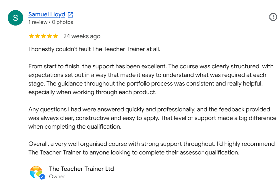 Google review from Samuel Lloyd