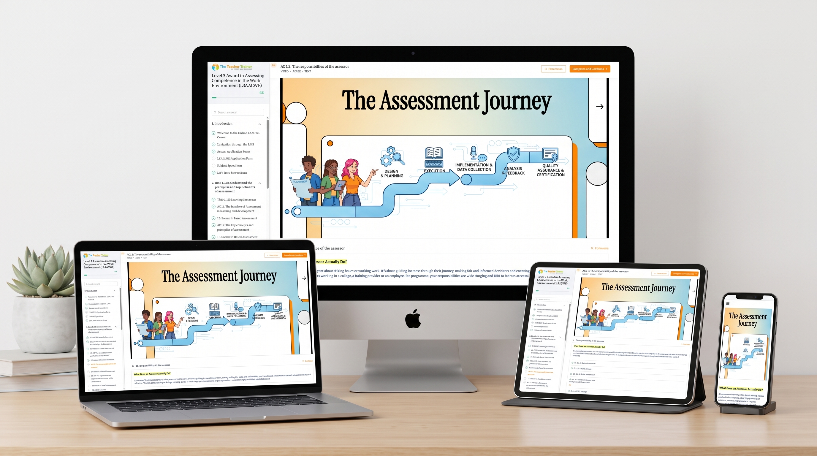 The course platform on desktop, laptop, tablet and phone