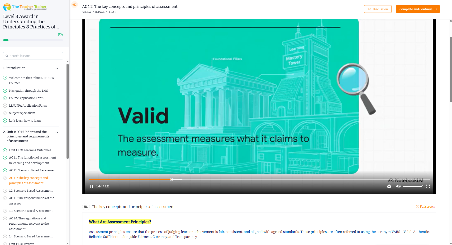 The Teacher Trainer course platform showing a lesson
