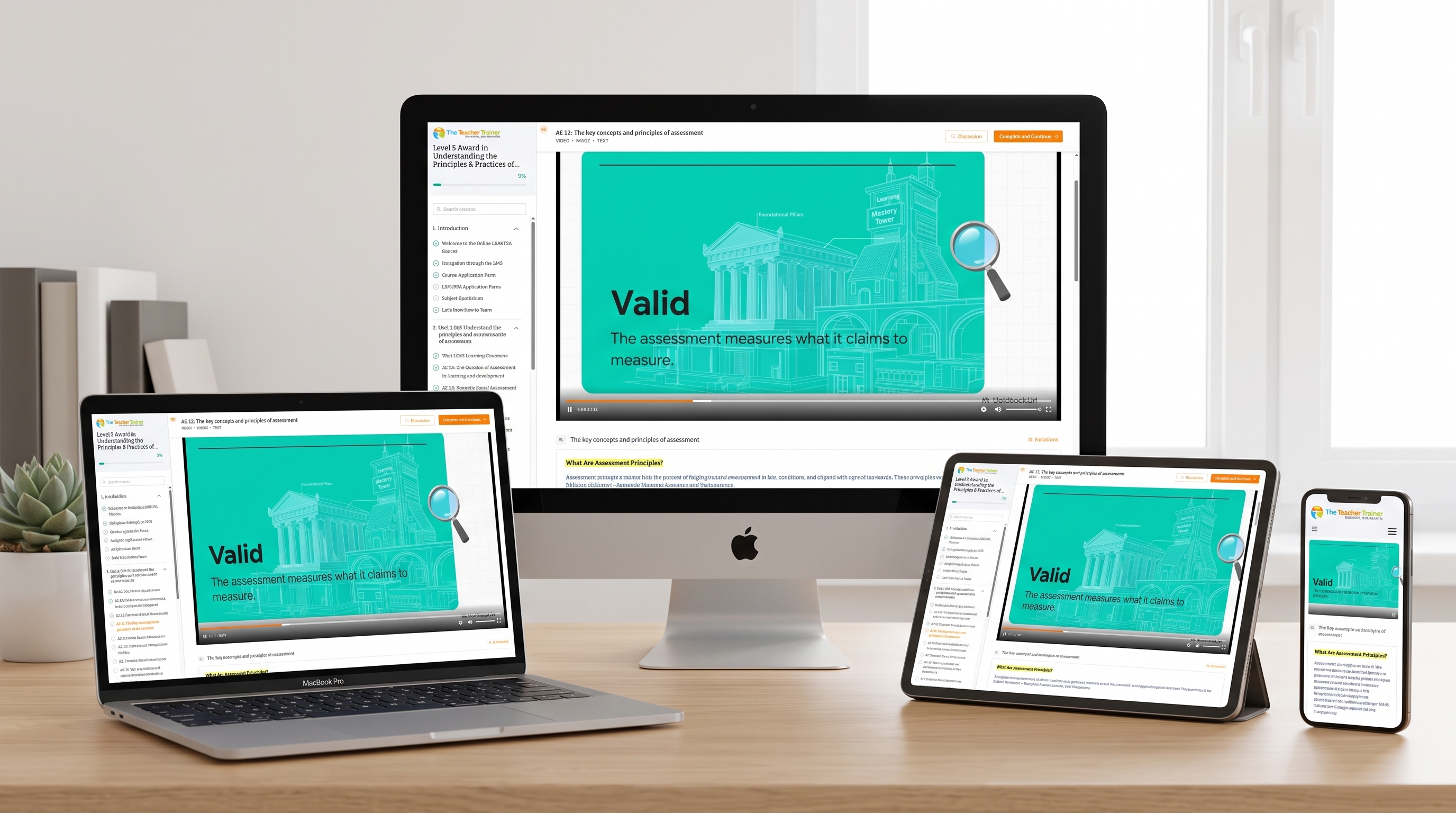 The course platform on desktop, laptop, tablet and phone