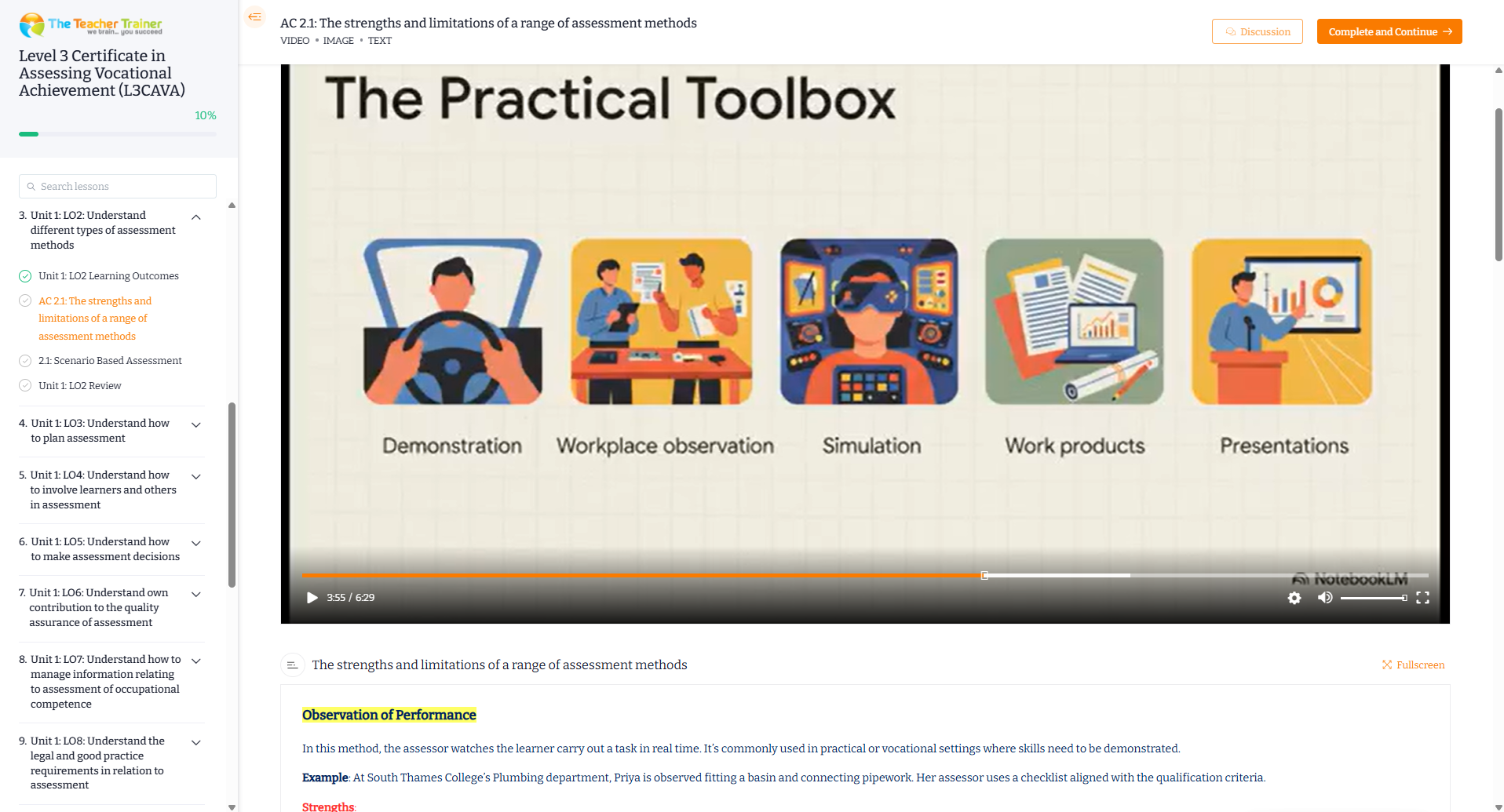 The Teacher Trainer course platform showing a lesson