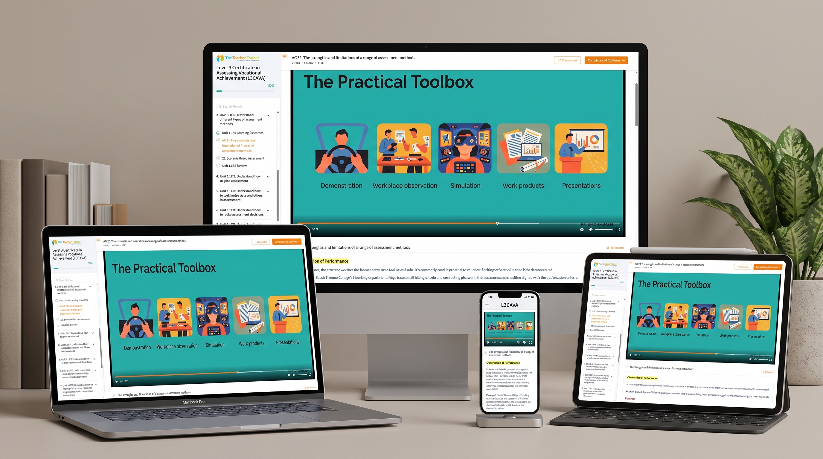 The course platform on desktop, laptop, tablet and phone