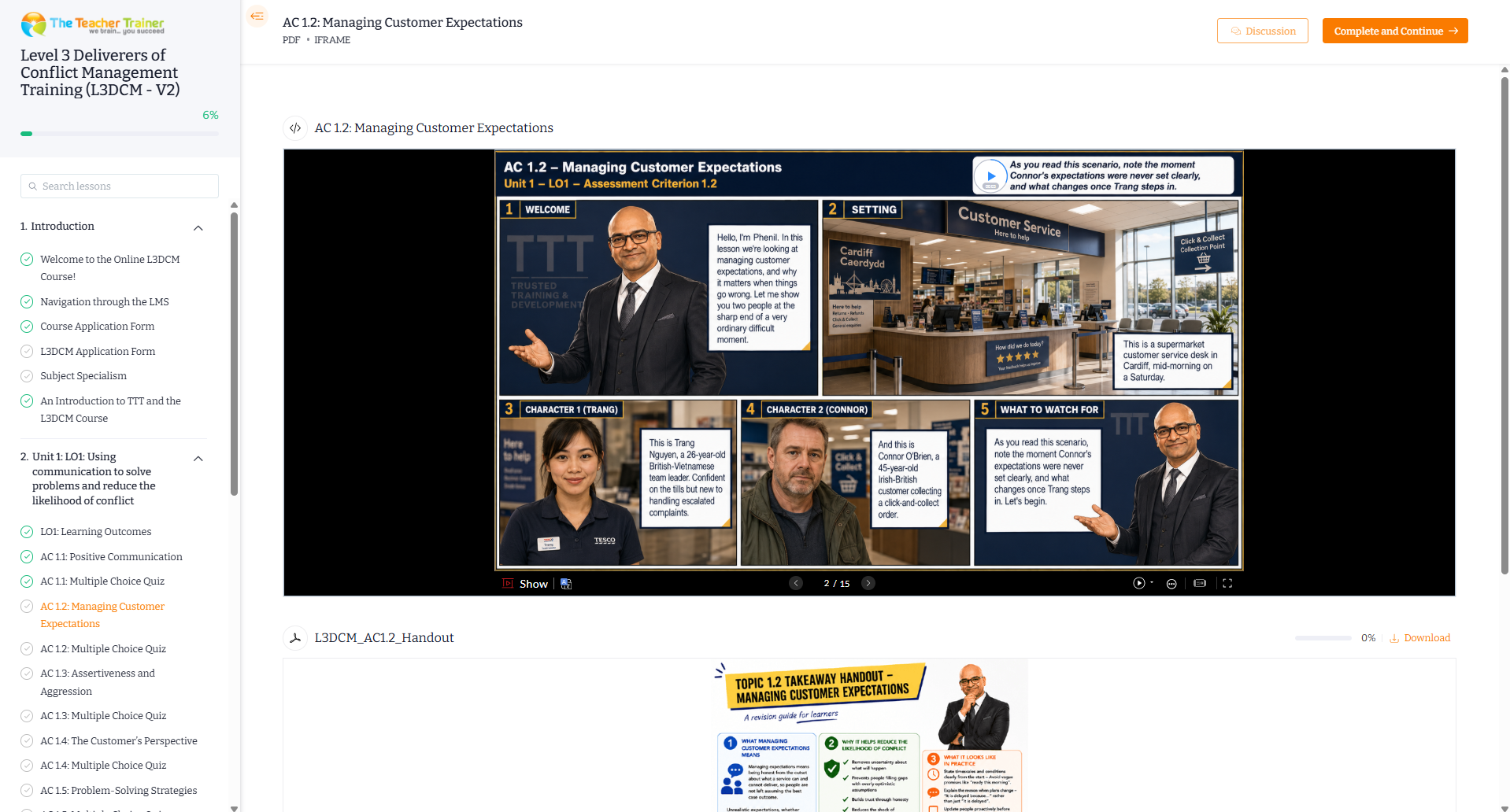 The Teacher Trainer course platform showing a lesson