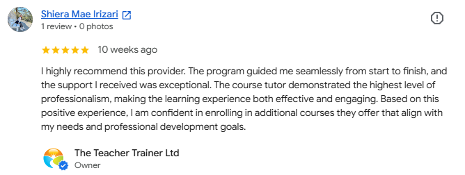 Google review from Shiera Mae Irizari