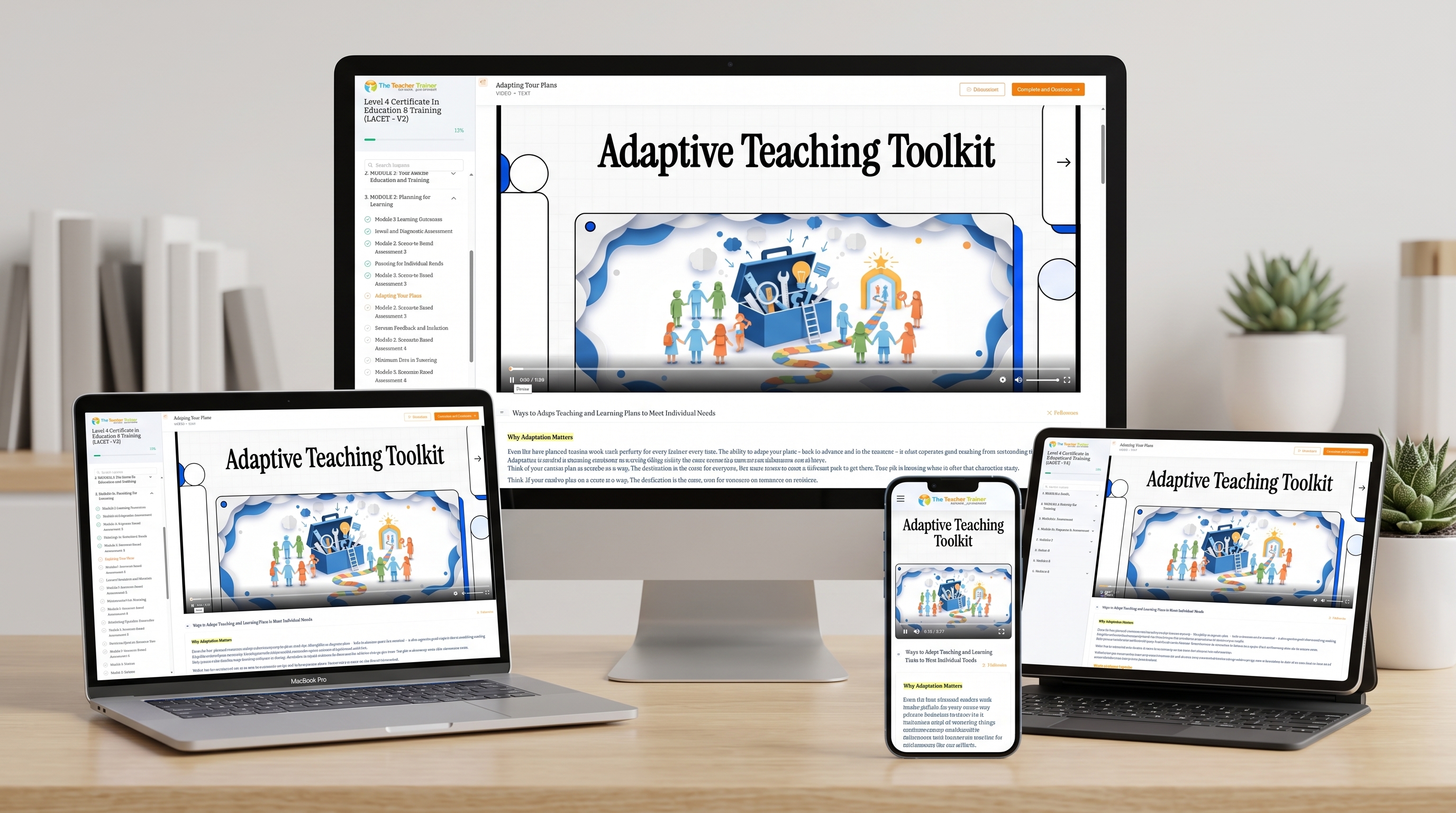 The course platform on desktop, laptop, tablet and phone