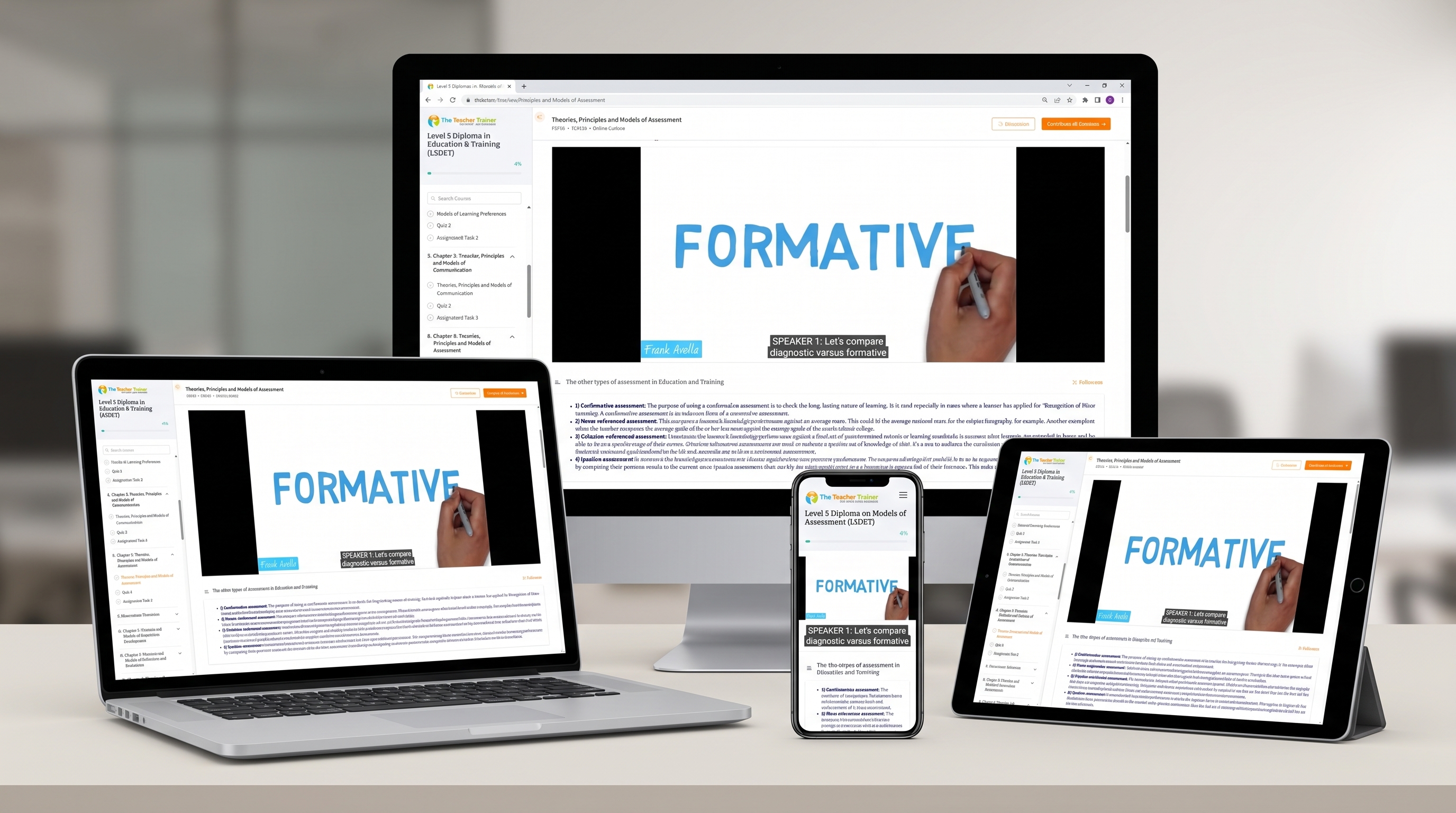 The course platform on desktop, laptop, tablet and phone
