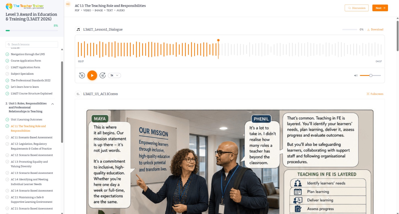 The Teacher Trainer course platform showing a lesson with audio and illustrated dialogue