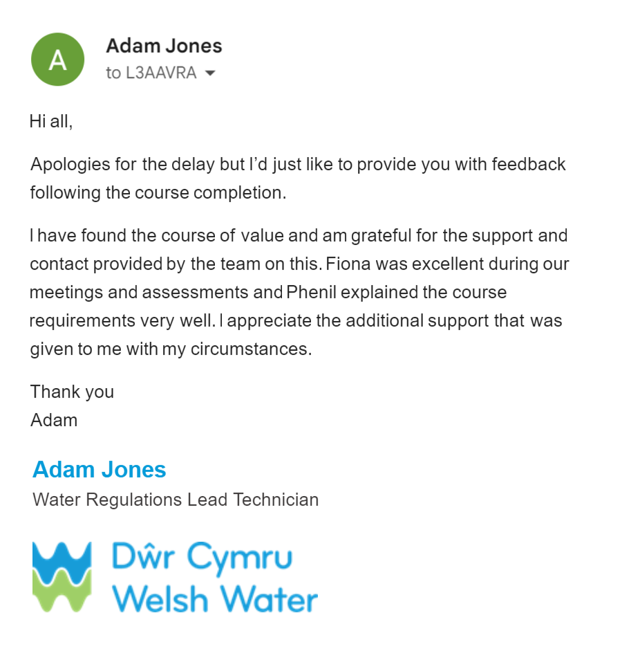 Email feedback from Adam Jones, Dŵr Cymru Welsh Water