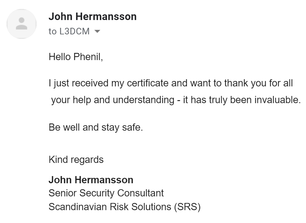 Email feedback from John Hermansson, Scandinavian Risk Solutions