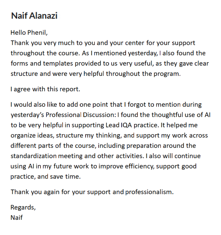 Email feedback from Naif Alanazi