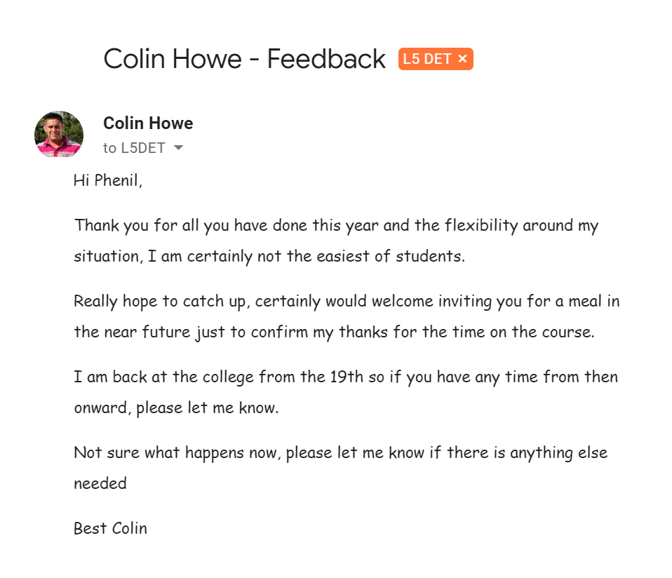 Email from Colin Howe